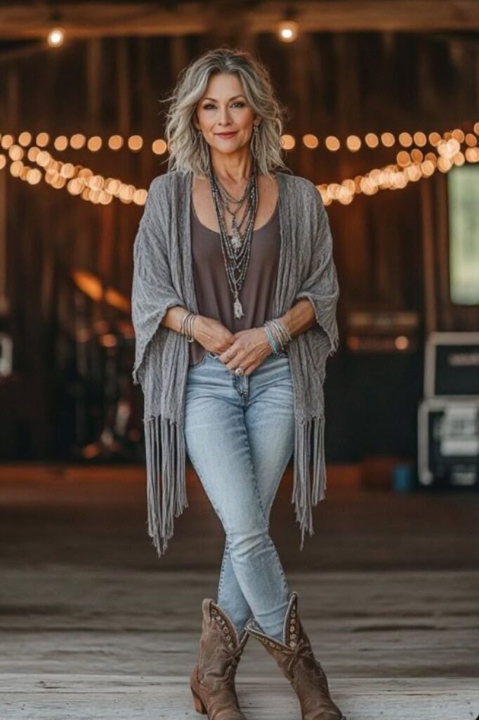 Grey Fringe Cardigan + Brown Tank Top + Light Wash Skinny Jeans + Brown Suede Cowboy Boots