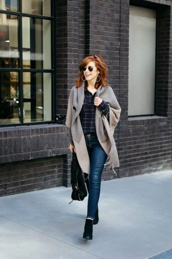 Grey Fringe Poncho + Plaid Button Down Shirt + Skinny Jeans + Black Ankle Boots