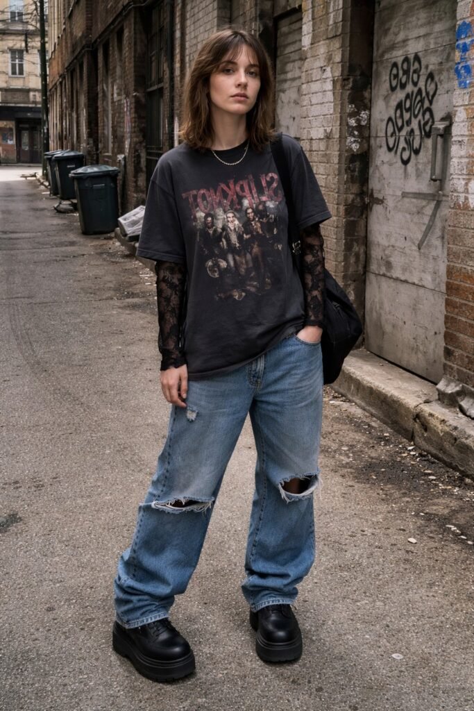Grey Graphic T Shirt + Black Lace Long Sleeve Shirt + Distressed Wide Leg Jeans + Black Platform Shoes