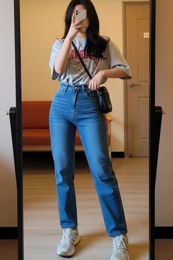Grey Graphic T Shirt + Medium Wash Straight Leg Jeans + White Sneakers