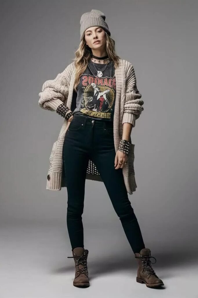 Grey Knit Cardigan + Graphic T Shirt + Black Skinny Jeans + Brown Lace Up Boots