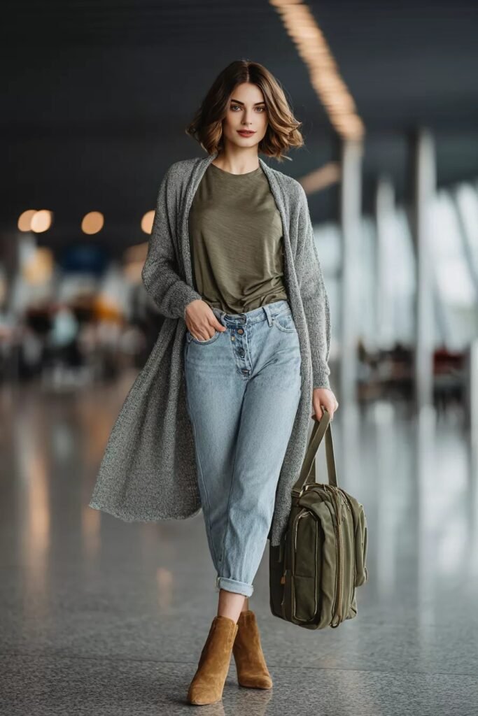 Grey Knit Long Cardigan + Olive Green T Shirt + Light Wash Rolled Up Jeans + Brown Suede Ankle Boots