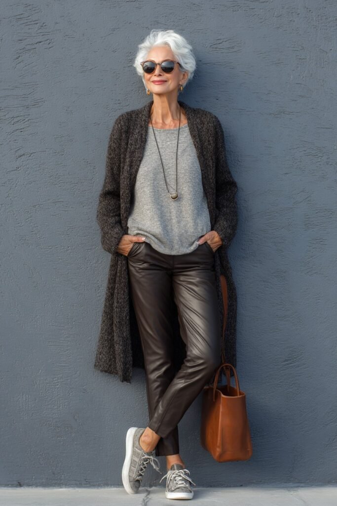 Grey Knit Top + Dark Brown Leather Trousers + Charcoal Longline Cardigan + Grey Suede Sneakers