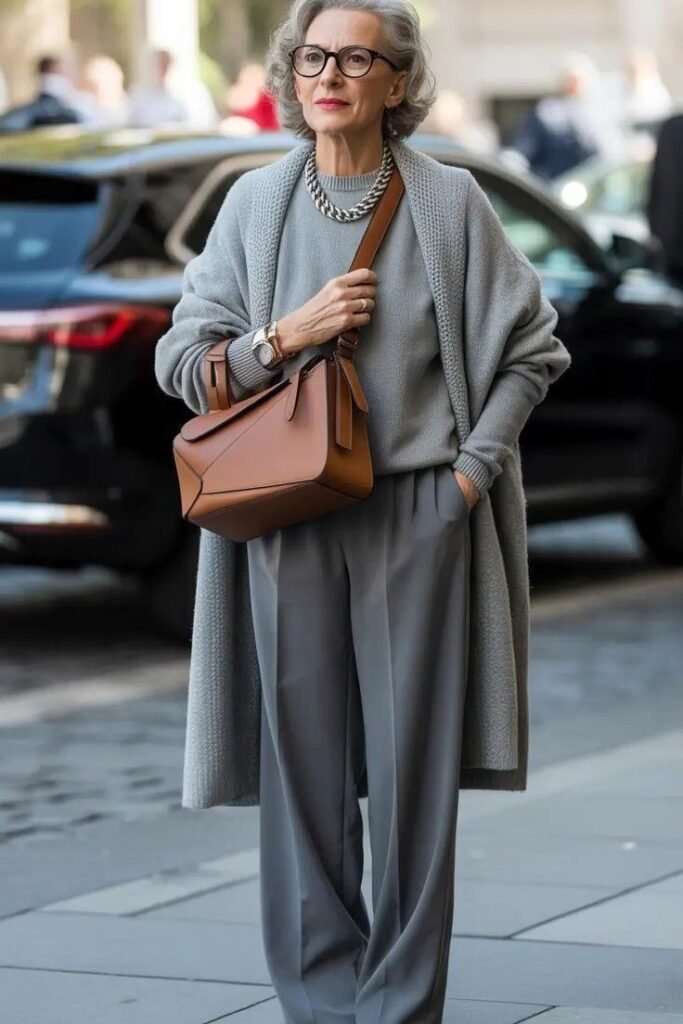 Grey Long Cardigan + Grey Knit Top + Grey Wide Leg Trousers + Tan Leather Crossbody Bag