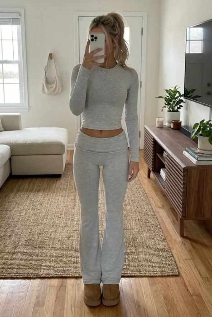 Grey Long Sleeve Crop Top + Grey Fold Over Flare Pants + Tan Platform Boots