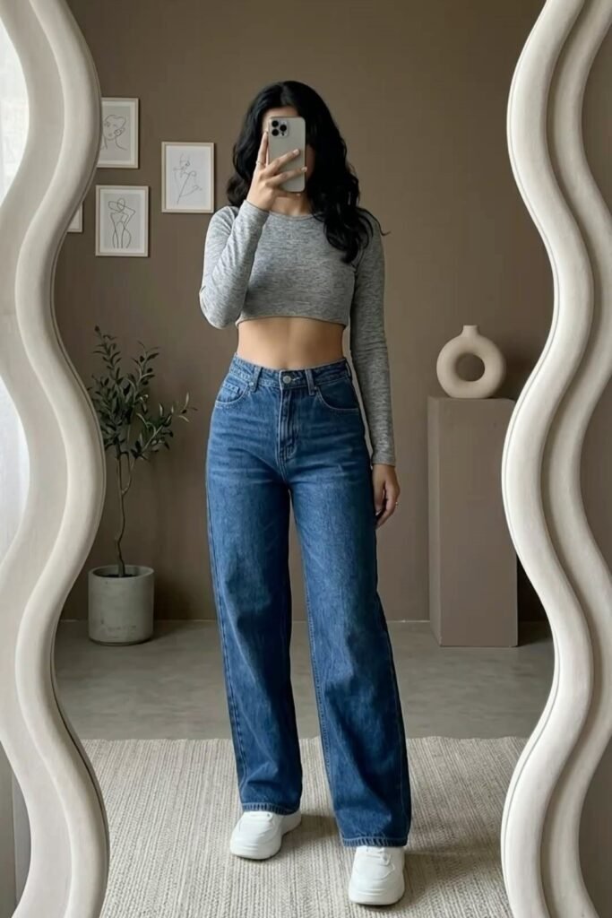 Grey Long Sleeve Crop Top + Medium Wash Wide Leg Jeans + White Sneakers