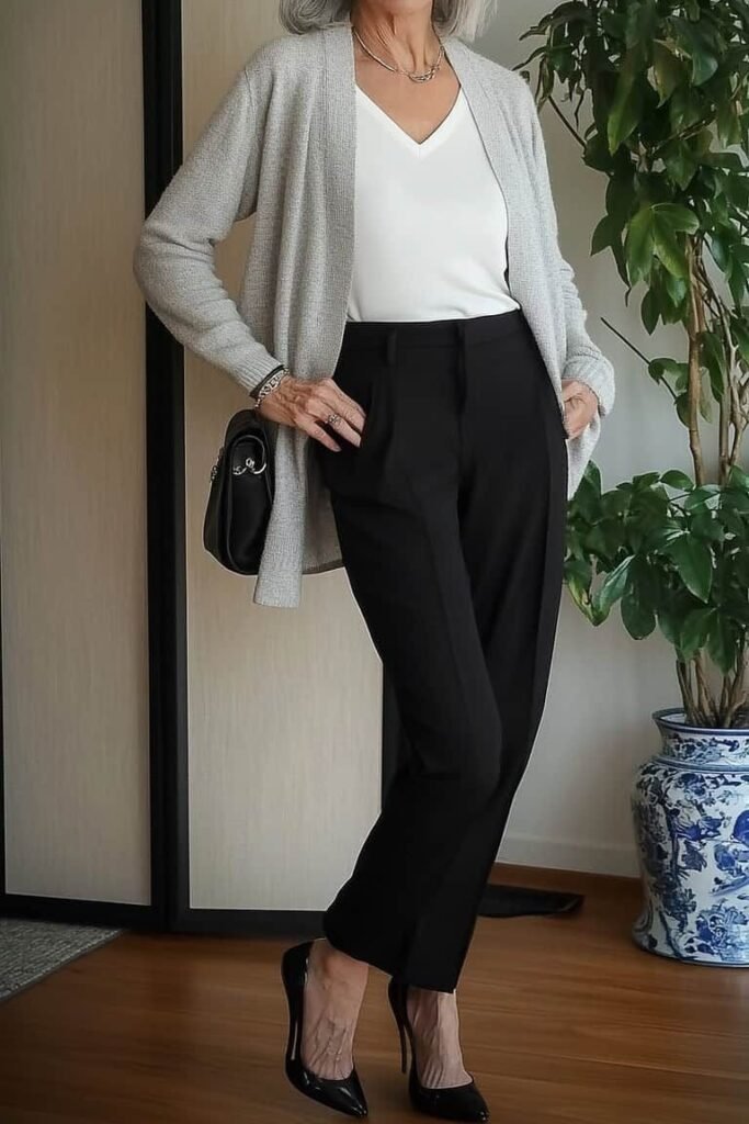 Grey Longline Cardigan + White V-Neck Top + Black Dress Slacks + Black Pumps
