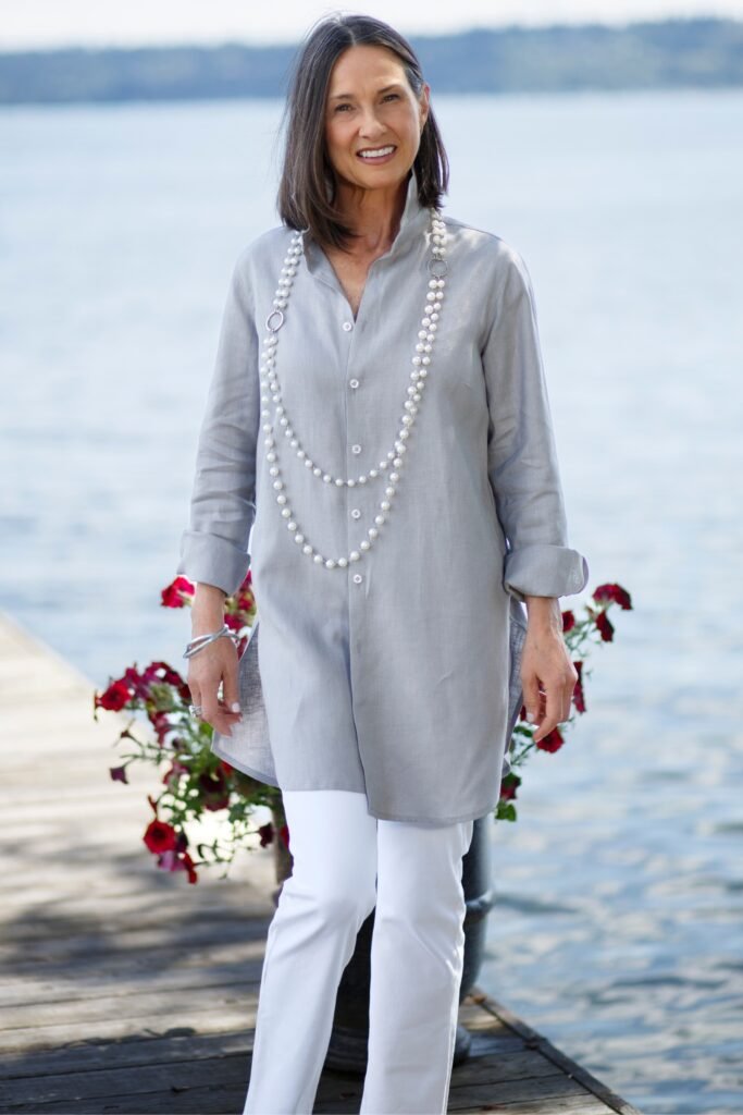 Grey Longline Linen Shirt + White Straight Leg Trousers + Silver Jewelry