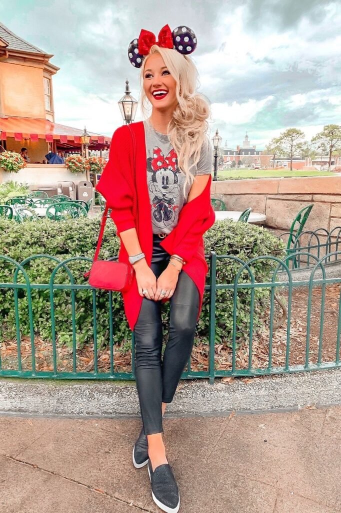 Grey Minnie Mouse T Shirt + Long Red Cardigan + Black Leather Leggings + Black Slip on Shoes