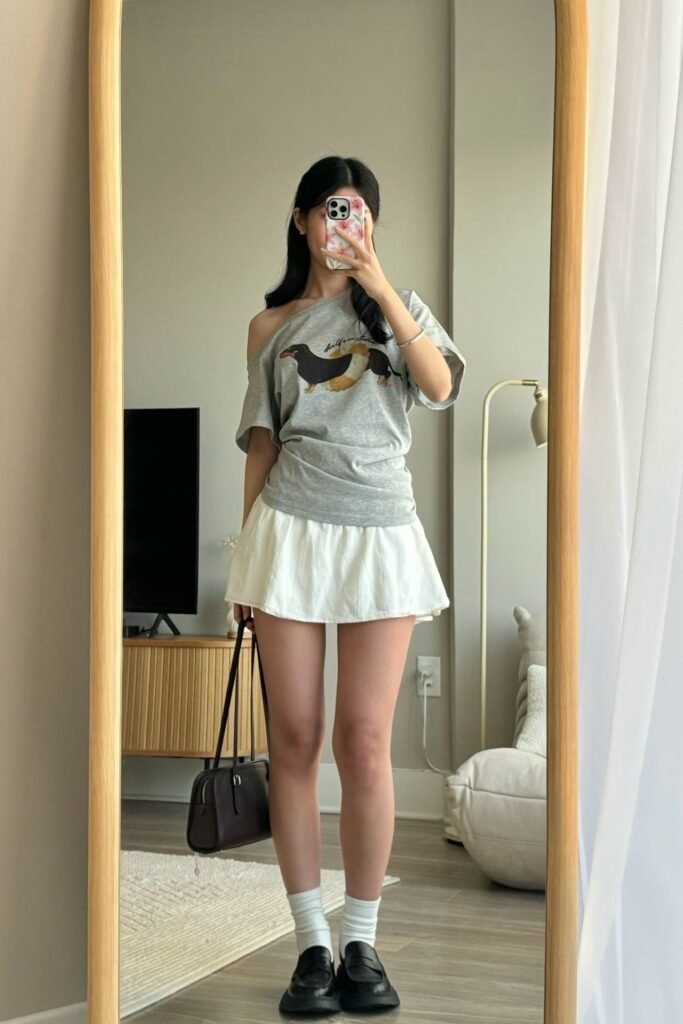 Grey Off The Shoulder Graphic T Shirt + White Pleated Mini Skirt + White Socks + Black Leather Loafers