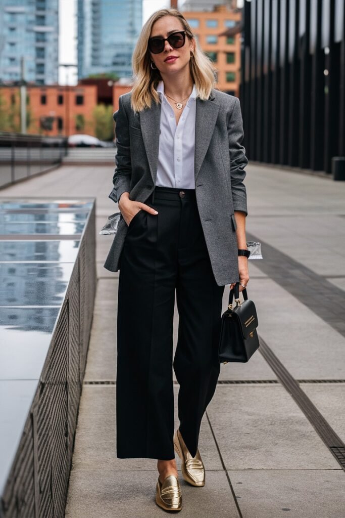 Grey Oversized Blazer + White Button Down Shirt + Black Wide Leg Trousers + Metallic Gold Loafers