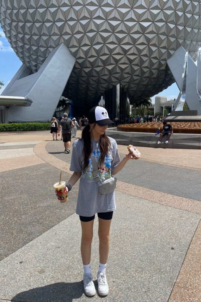 Grey Oversized Graphic T Shirt + Black Biker Shorts + White Sneakers
