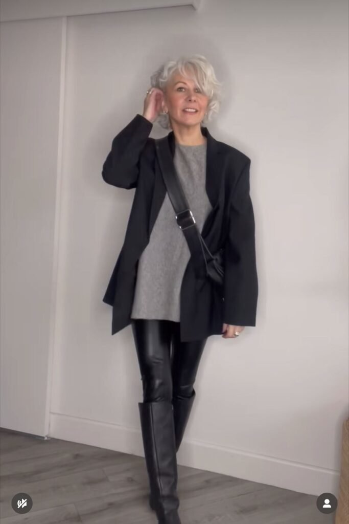 Grey Oversized Sweater + Black Blazer + Faux Leather Leggings + Black Knee High Boots