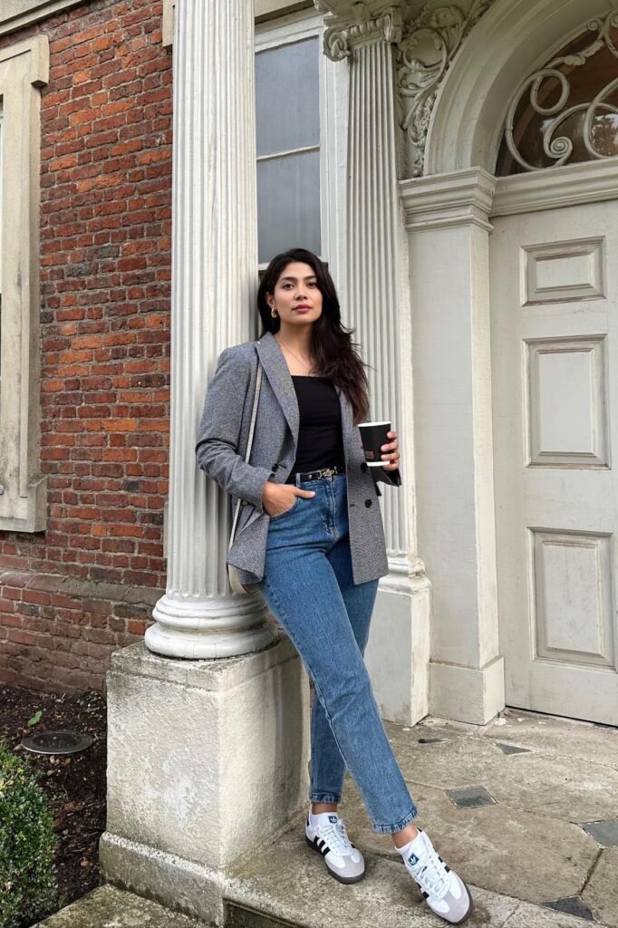 Grey Patterned Blazer + Black Top + Blue Jeans
