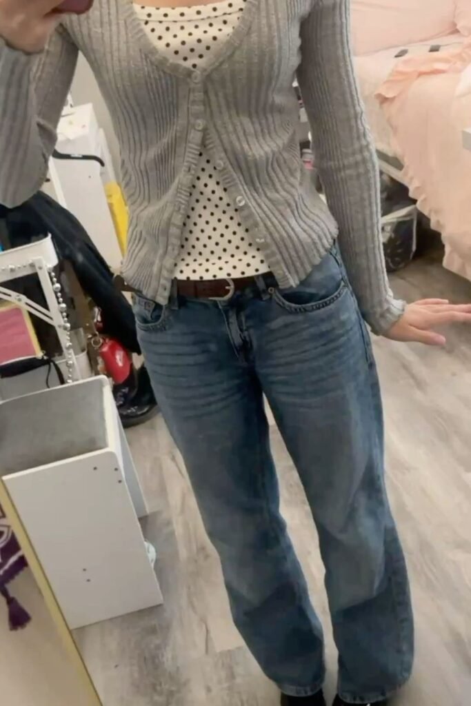 Grey Ribbed Cardigan + Polka Dot Base Layer + Medium Wash Jeans