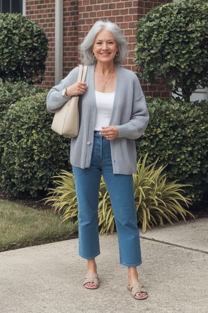 Grey Ribbed Cardigan + White Camisole + Medium Wash Cropped Jeans + Beige Twisted Slides