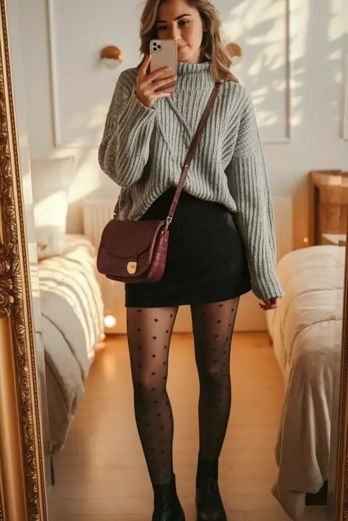 Grey Ribbed Sweater + Black Mini Skirt + Polka Dot Tights