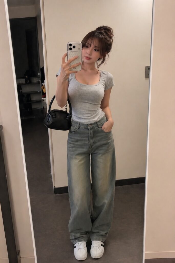 Grey Scoop Neck T Shirt + Baggy Wash Jeans + White Sneakers