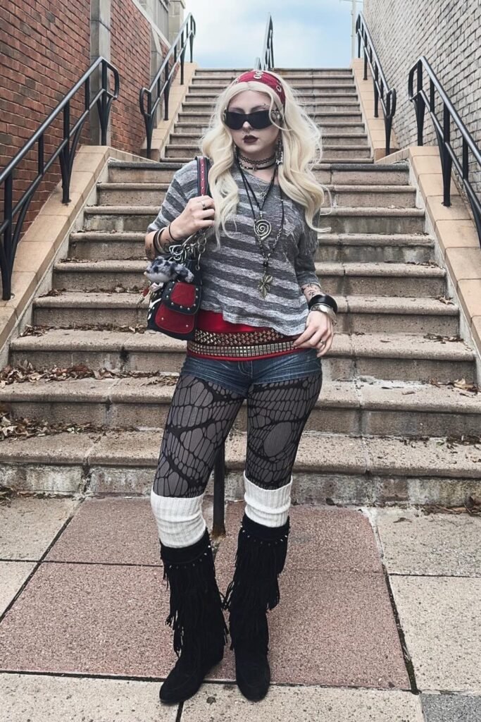 Grey Striped Off The Shoulder Top + Denim Micro Shorts + Patterned Tights + Black Fringed Boots