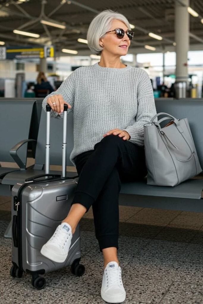 Grey Textured Knit Sweater + Black Joggers + White Sneakers