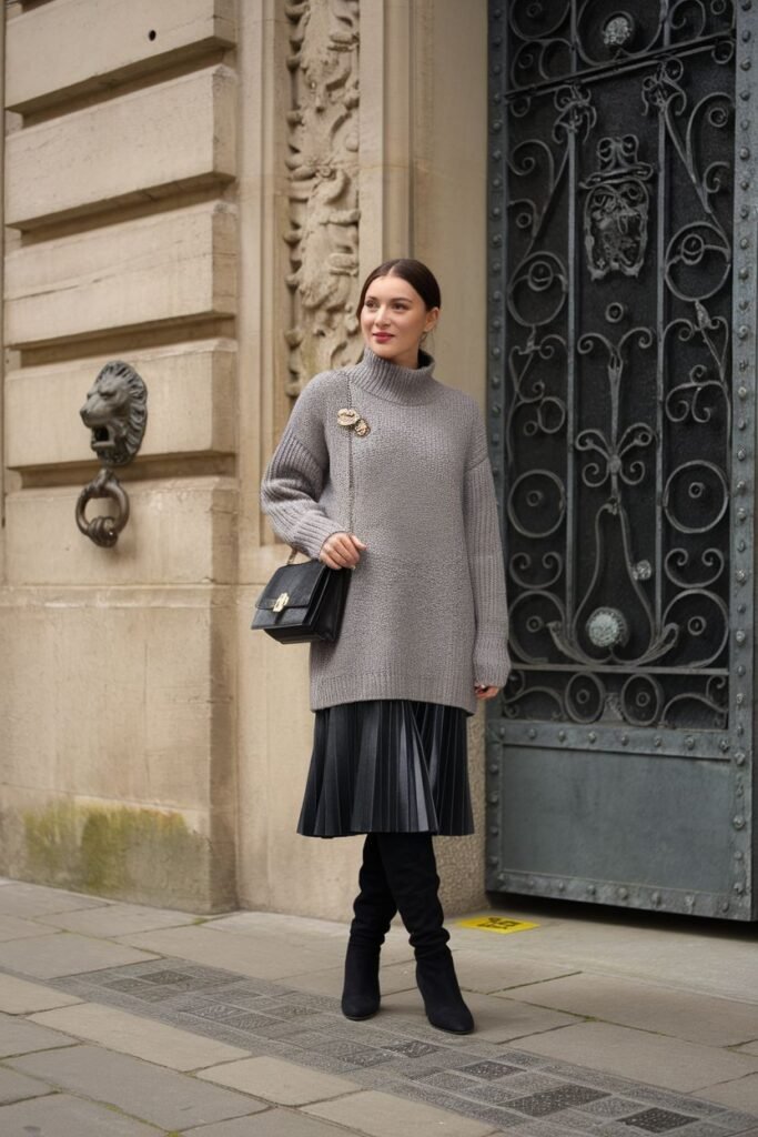 Grey Turtleneck Sweater + Black Pleated Midi Skirt + Black Shoulder Bag + Black Over the Knee Boots