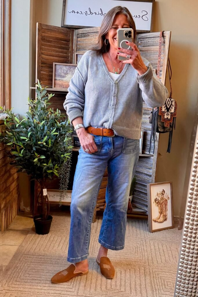 Grey V-Neck Cardigan + Blue Cropped Jeans + Tan Suede Mules
