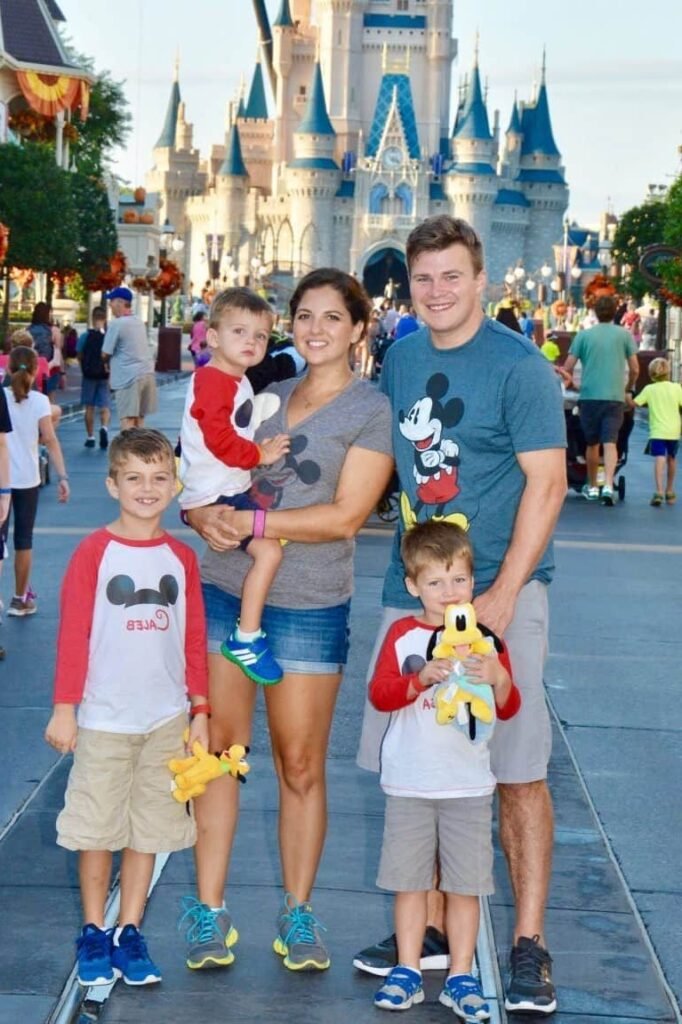 Grey V Neck Mickey Tee + Denim Shorts + Blue Sneakers