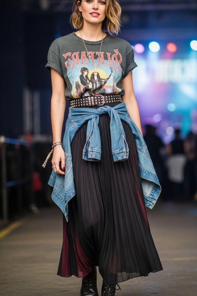 Grey Vintage Graphic T Shirt + Black Pleated Maxi Skirt + Denim Jacket Tied at Waist + Studded Belt + Black Boots