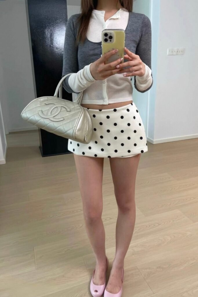 Grey & White Cardigan + White Polka Dot Mini Skirt + Pink Ballet Flats