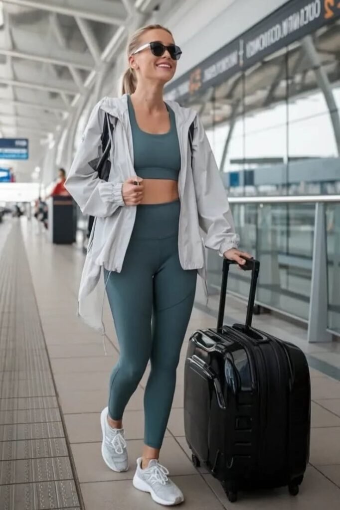 Grey Windbreaker + Teal Sports Bra + Teal Leggings + White Sneakers
