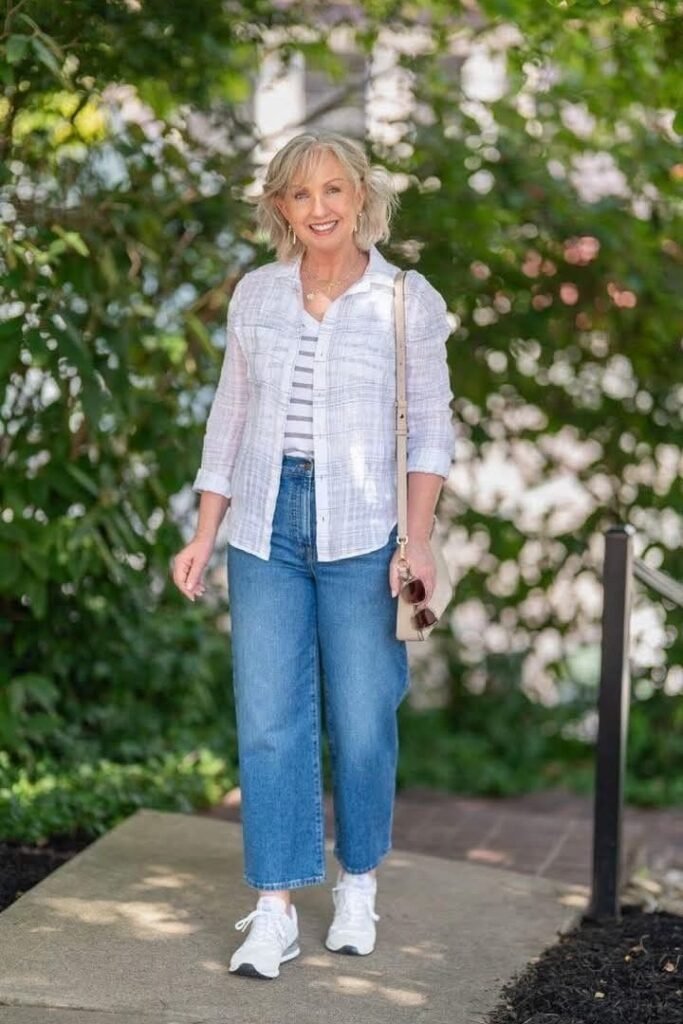 Grey and White Striped Tee + White Plaid Button Down + Mid Rise Blue Jeans + White Sneakers