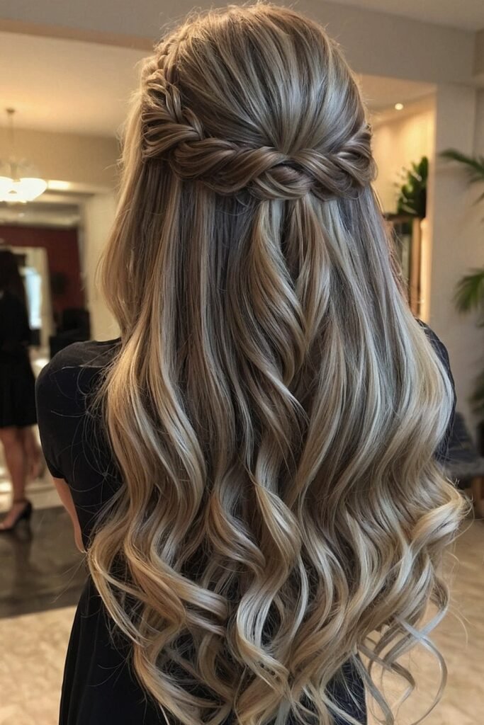 Half-Up Braided Crown with Long Blonde Waves