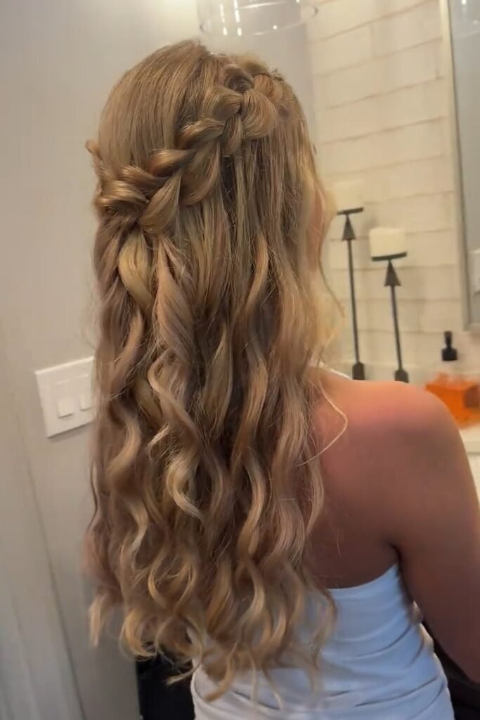 Half-Up Braided Crown with Long Curls