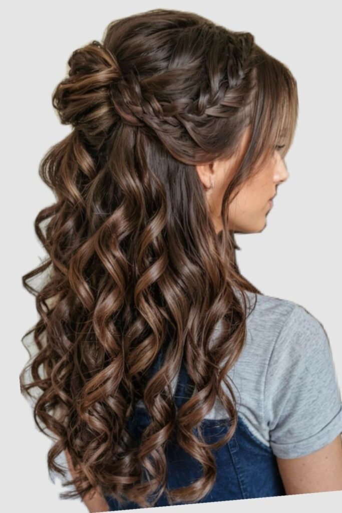 Half-Up Braided Crown with Tight Ringlet Curls on Dark Hair