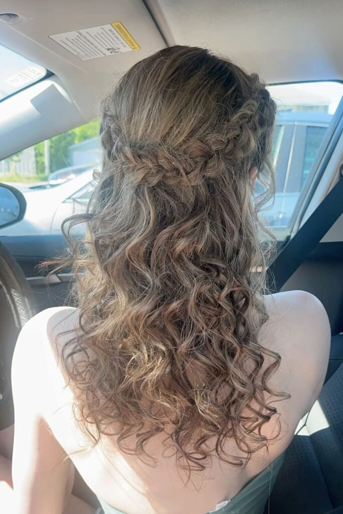 Half-Up Curly Hair with Braided Crown Detail