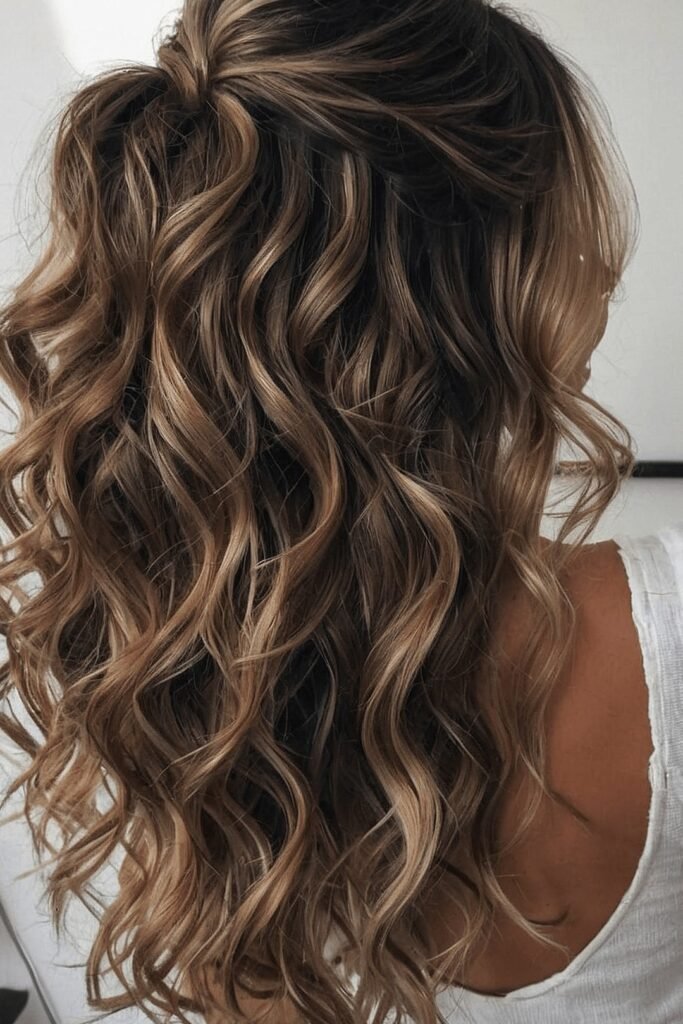 Half-Up Curly Hairstyle with Soft Caramel Highlights