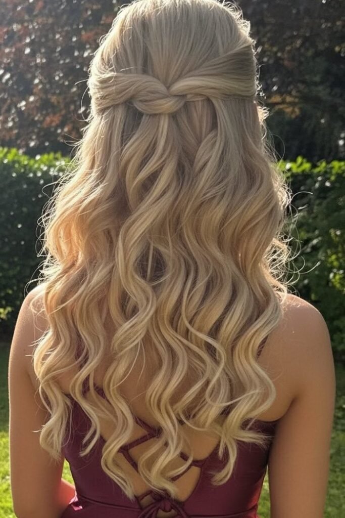 Half-Up Knotted Style with Voluminous Blonde Ringlets