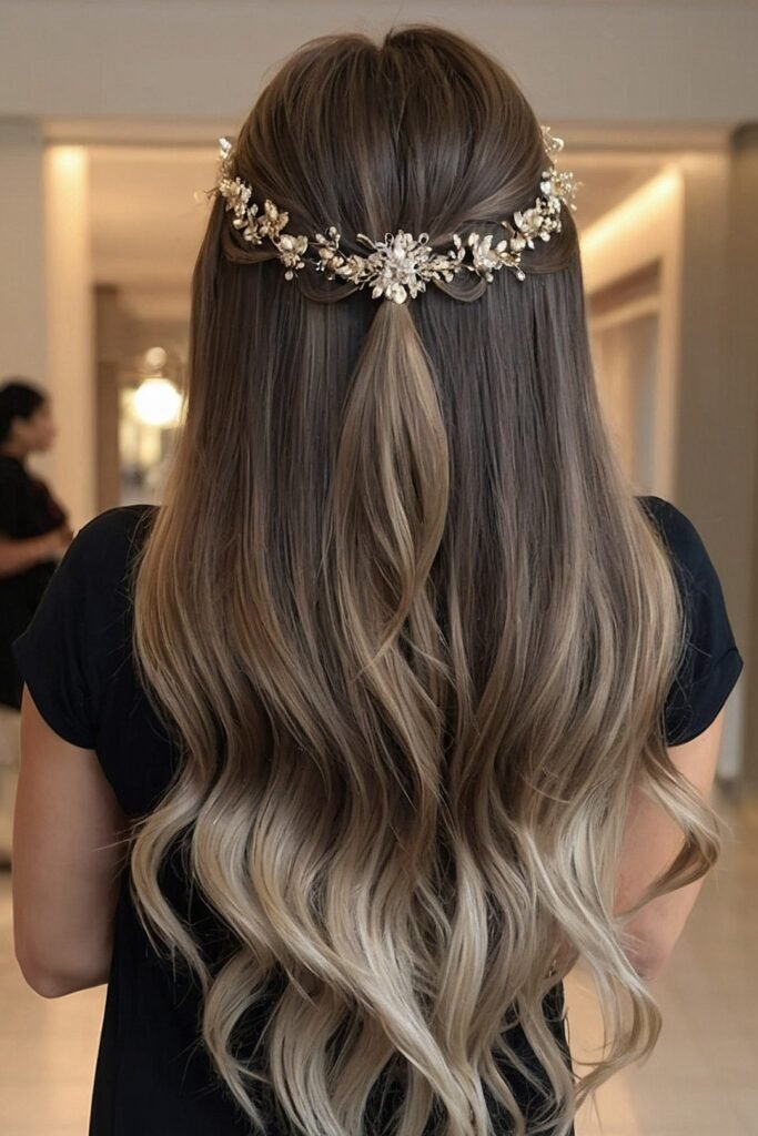 Half-Up Waves with Delicate Floral Crystal Crown
