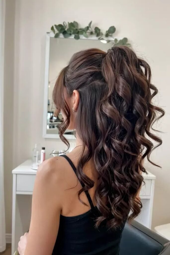 High-Volume Brunette Ponytail with Defined Barrel Curls