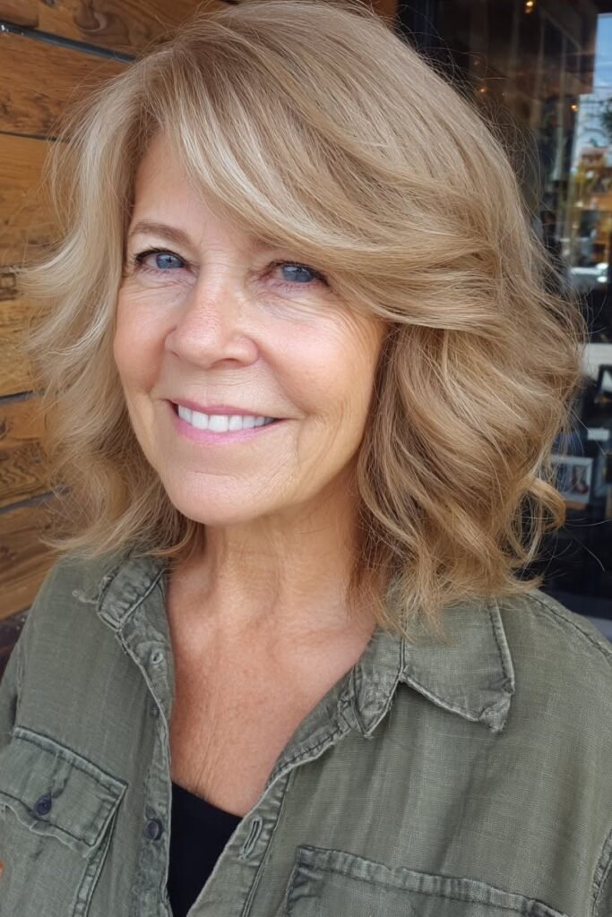 Honey Blonde Layered Cut with Sweeping Side Bangs