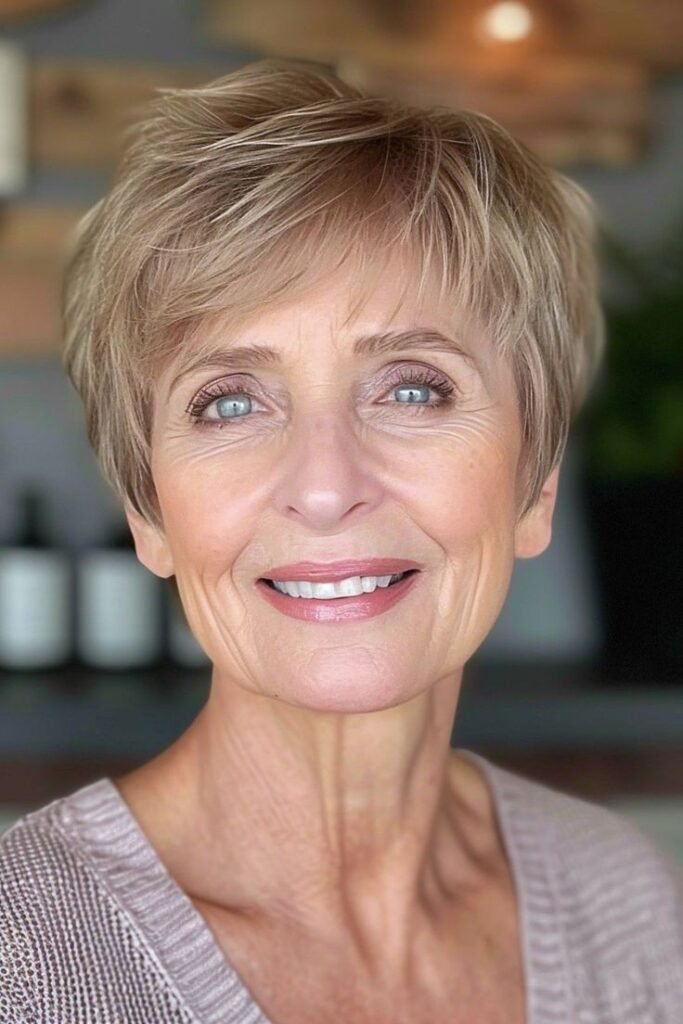 Honey Blonde Textured Pixie with Wispy Bangs