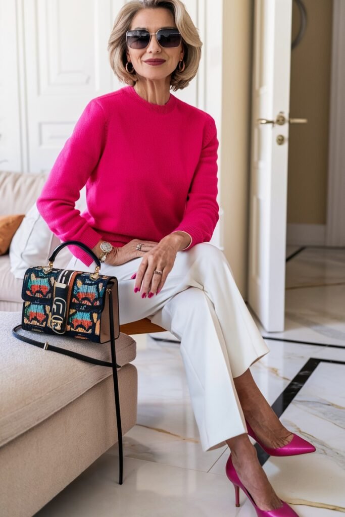 Hot Pink Crewneck Sweater + White Wide Leg Trousers + Pink Satin Heels