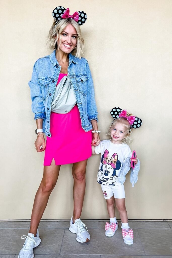 Hot Pink Mini Dress + Denim Jacket + White Chunky Sneakers