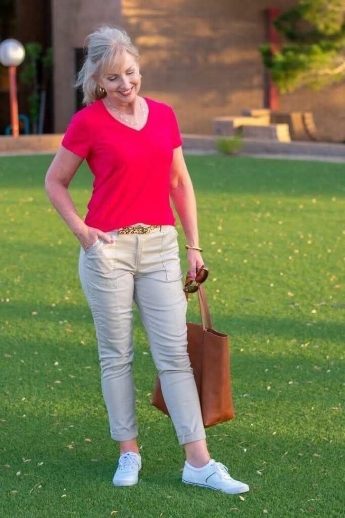 Hot Pink V Neck T Shirt + Light Grey Cuffed Chinos + White Sneakers