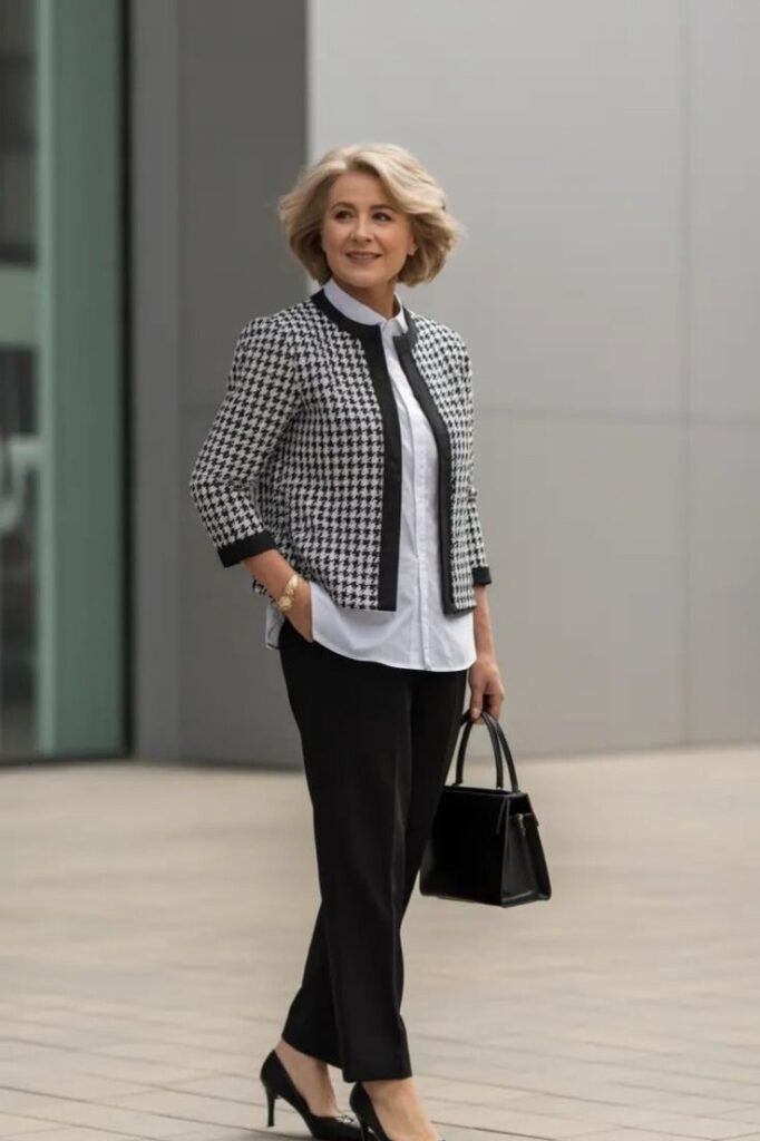 Houndstooth Cropped Jacket + White Button Down Shirt + Black Tailored Trousers + Black Pumps