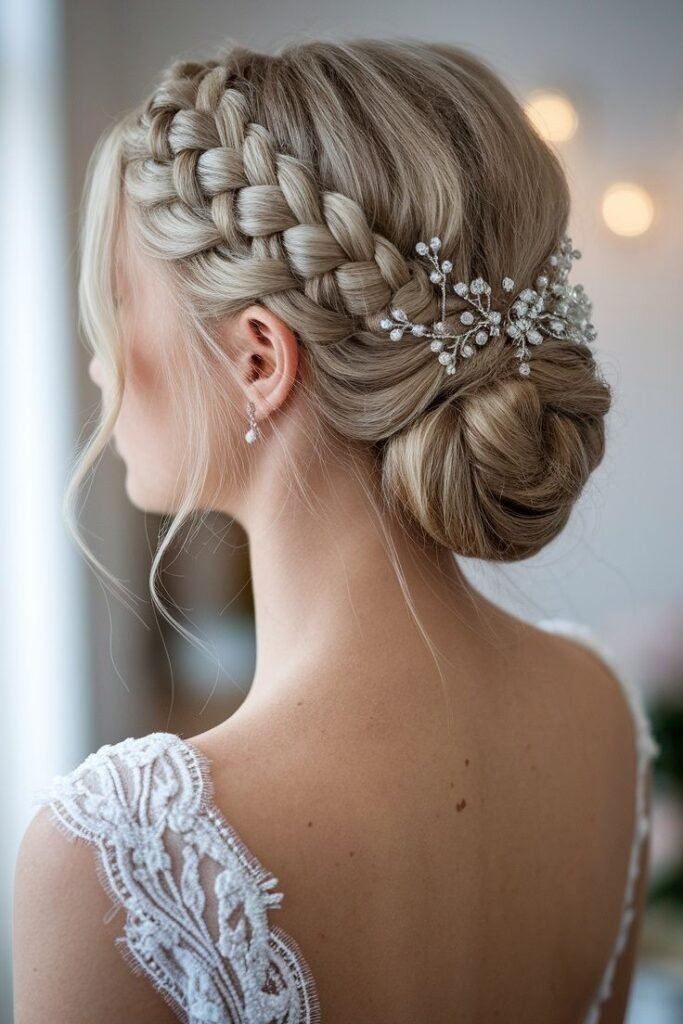Intricate Crown Braid into a Sleek Low Bun with Crystal Vine Accent