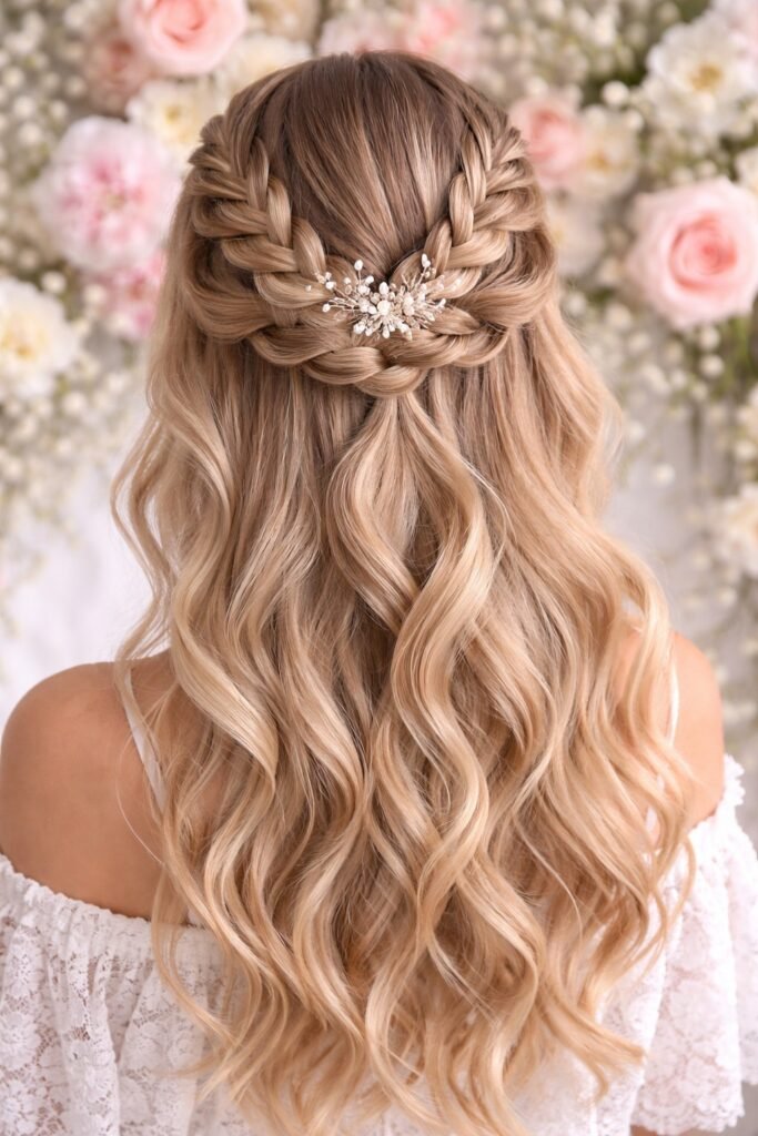 Intricate Double-Braided Half-Up Crown with Floral Pearl Accessory