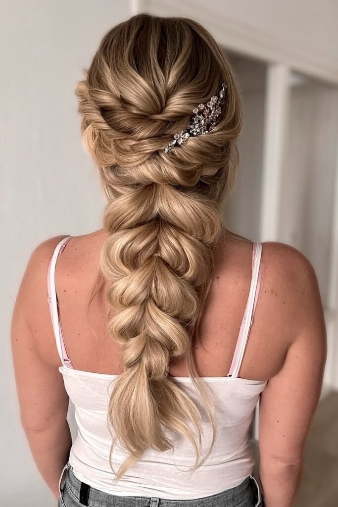Intricate Dutch Braid Low Ponytail with Decorative Floral Clip
