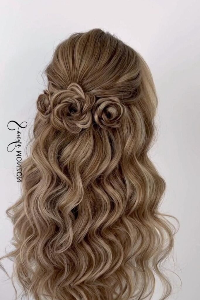 Intricate Rosette Half-Updo with Defined Waves