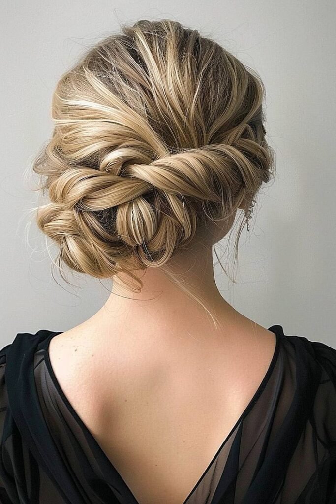 Intricate Twisted Low Chignon with Multi-Tonal Highlights